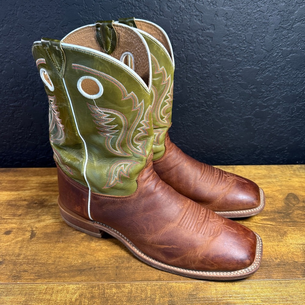 Justin BR307 Brown Green Leather Square Toe Western Cowboy Boots Mens 15EE